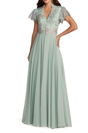 Mac Duggal Womens Embroidered Top Chiffon Skirt Ruffle Sleeve Gown in Sage at Nordstrom, Size 10