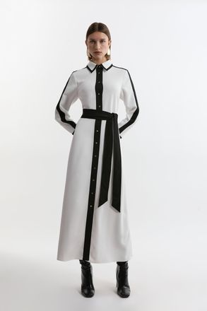 Karen Millen Womens Colour Block Twill Woven Belted Midi Shirt Dress - White - Size 10 UK