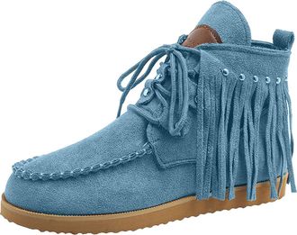 Generic Ankle Boots Women Wide Fit Casual Lace Up Boot Round Toe Vintage Fringe Solid Color Comfortable Flat Short Boots Outdoor Walking