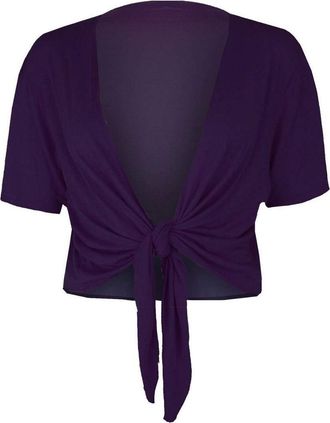 Crazy Girls GOSTYLES Womens Plain Tie-Up Front Cropped Bolero Shrug, Ladies Short Sleeve Lightweight Summer Cover-Up Crop Cardigan Blouse (Purple, M-L)