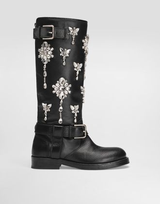 Dolce & Gabbana Horse Leather Boots With Crystal Embroidery - Woman Boots And Booties Black 38