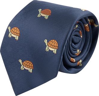 King & Priory Tortoise Navy Blue Herringbone Embroidered Tie