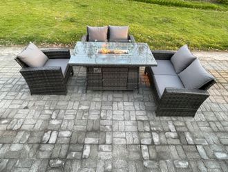 Fimous Rattan Outdoor Garden Furniture Gas Fire Pit Table Sets Gas Heater with Double Seat Sofa Armchair 5 Seater Dark Mixed Grey in Dark Grey