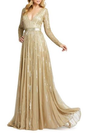 Mac Duggal Sequined Long Sleeve Plunging V-Neck Gown in Taupe at Nordstrom, Size 14