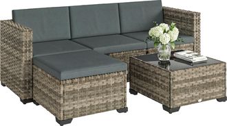 OUTSUNNY Conjunto De Jard&iacute;n De Rat&aacute;n De 5 Piezas, Muebles Jard&iacute;n Exterior Incluye Cojines, 2 Sillones De Esquina, Sill&oacute;n Sin Brazos, Reposapi&eacute;s Y Mesa