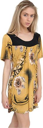 Purple Hanger Womens Floral Print Ladies Short Sleeves Stretch Round Scoop Neckline Long Smock Tunic T-Shirt Top Plus Size (22, Mustard Floral)