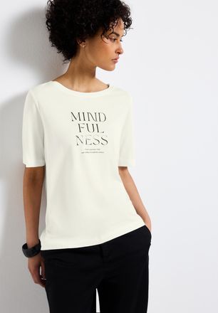 Street One T-Shirt STREET ONE, Damen, Gr. 40, weiss (sanftes wei&szlig;), Jersey, Obermaterial: 50% Baumwolle, 50% Modal, bedruckt, regular fit taillenbedeckt, Rundhal