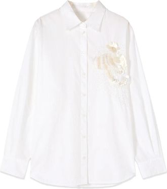 Oltre Katoenen blouse met bloemenborduursel - Dames - Overhemden - Wit - M - Katoen - Overhemden