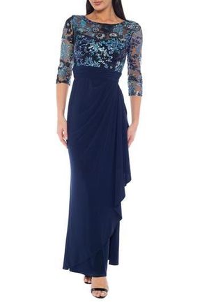 OLEG CASSINI Mesh Sequin Three-Quarter Sleeve Gown in Navy at Nordstrom Rack, Size X-Large