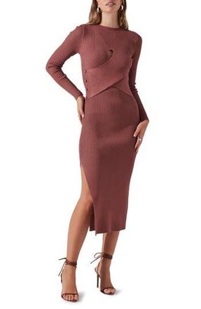 ASTR the Label Cutout Long Sleeve Ribbed Midi Sweater Dress in Rosewood at Nordstrom Rack, Size X-Large