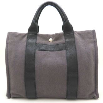 Herm&egrave;s Black Gray Toile H Leather Tote Bag (Pre-Owned)