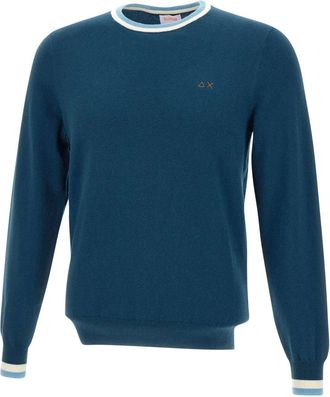 Sun 68 Wollen trui met strepen van katoen - Heren - Ronde hals truien - Blauw - M - Katoen - Truien & Vesten