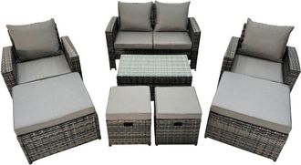 Fimous 8 Seater Wicker pe Rattan Furniture Outdoor Coffee Table Double Seat Sofa 4 Stools Set Dark Grey Mixed - Fimous