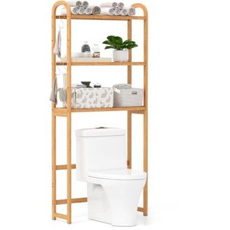 Costway Scaffale Bagno Salvaspazio 71,5 x 25 x 166 cm, Mobile Sopra Lavatrice in Bamb&ugrave; a 3 Livelli con Ripiani a 5 Posizioni, 3 Ganci e Barra