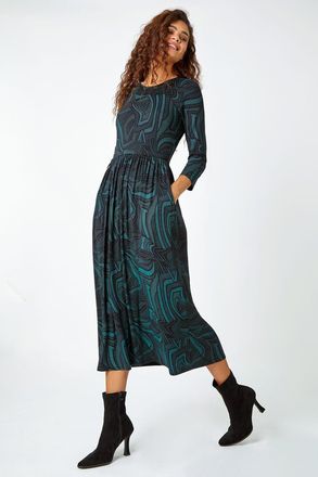 Roman Abstract Print Pocket Midi Stretch Dress