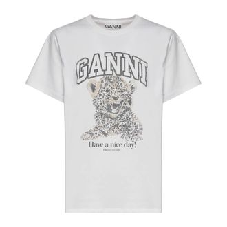 Ganni T-Shirts, female, White, Size: M Basic Jersey Leopard Relaxed T-Shirt 943