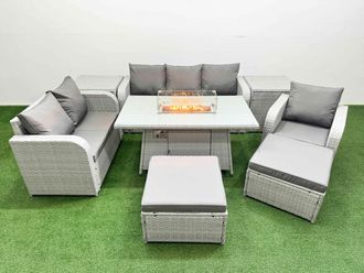 Fimous Patio PE Wicker 8 Seater Outdoor Rattan Furniture Sofa Sets w/ Firepit Dining Table Reclining Chair Loveseat Sofa 3 Seater Sofa 2 Big