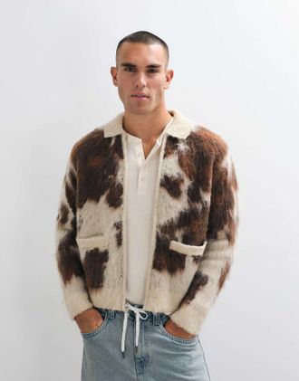 Obey cardigan lavorato a maglia con stampa mucca, zip e colletto multicolore