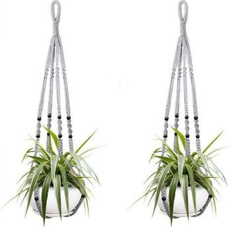 OEM Dos Cestas Colgantes Para Plantas De Interior, De Cuerda De Algod&oacute;n Gris, De 98 Cm De Largo, Decoradas Con Cuentas De Madera. Ganchos No Incluidos