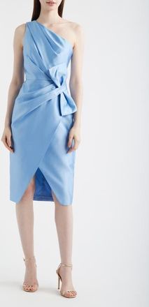 Adrianna Papell Pleated Bow One-Shoulder Mikado Cocktail Dress in Icy Topaz at Nordstrom, Size 16