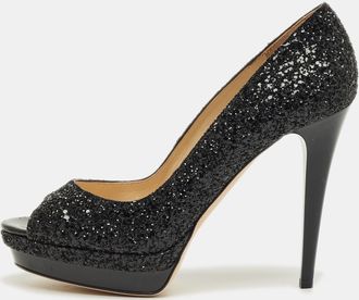 Jimmy Choo London Black Glitter Luna Platform Open Toe Pumps