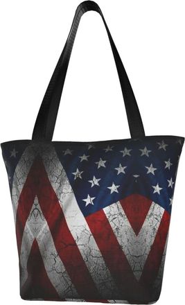 AOOEDM American Flag Crack Reusable Grocery Bag Shopping Bag Casual Shoulder Bag Handbag for Men Women ECO Market Bag Beach Bag Travel Totes