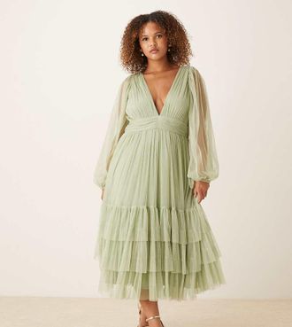 Lace & Beads Plus Madison - Vestito midi da cerimonia a maniche lunghe verde salvia