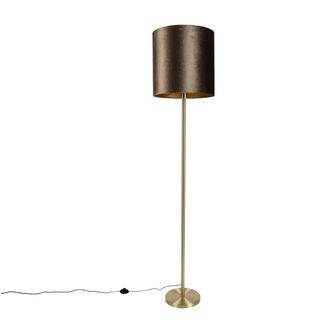 QAZQA L&aacute;mpara de pie lat&oacute;n con pantalla terciopelo marr&oacute;n 40 cm