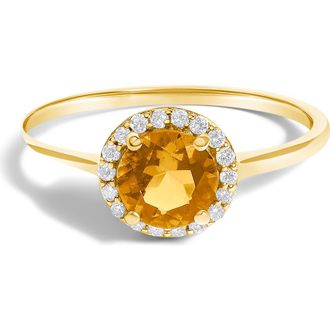House of Brilliance 10K Gold Gemstone and 1/10 Cttw Diamond Halo Birthstone Ring in Yellow | Orange Citrine at Nordstrom, Size 6.5