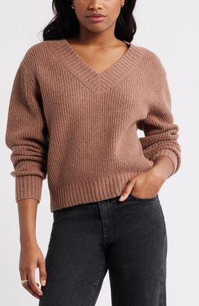Open Edit Rib V-Neck Sweater in Brown Topaz at Nordstrom Rack, Size Xx-Small