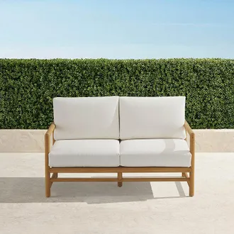 Frontgate Ferrara Loveseat with Cushions In Natural Teak - Standard, Snow - Frontgate