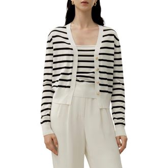 LilySilk Silk-Cotton Striped Knit Cardigan Set in Black&white Stripes at Nordstrom, Size X-Large