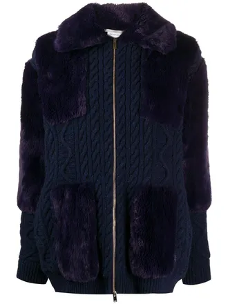 Stella McCartney cable-knit faux-fur cardigan - women - Wool/Calf Hair - 34 - Blue