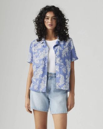 Levi's Sonny Camp Shirt Womens Dusty Blue Floral Linen Blend Oversized PALL92