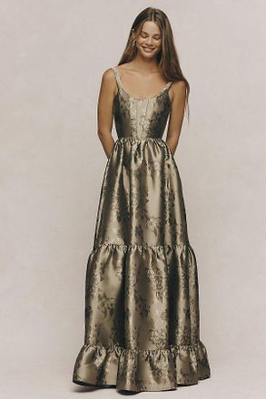 V. Chapman Avery Scoop-Neck Tiered Floral Brocade Maxi Dress