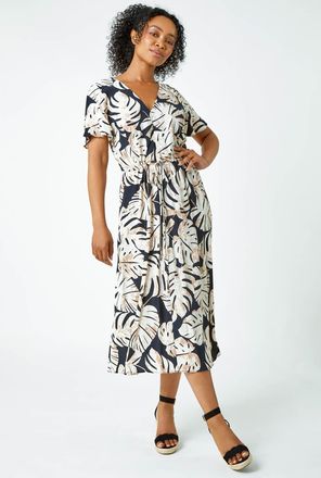 Roman Leaf Print Tie Waist Maxi Dress
