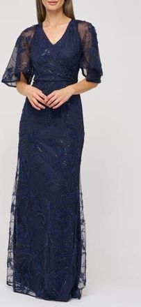 JS Collections Alex Embellished Flutter Sleeve Gown in Navy at Nordstrom Rack, Size 12