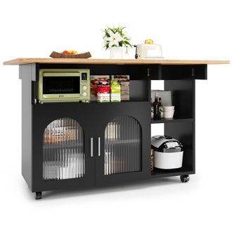 STILVORA Carro De Cocina Con Tablero Abatible, 2 Espacios Cerrados, Estantes Abiertos Y Ruedas, En Mdf Y Vidrio, 120x30x79.5 Cm, Negro Y Natural