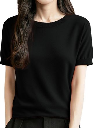 Generic Short Sleeve Jumpers for Women UK Crew Neck Loose Fit Pullover Spring Summer Knitted Sweater Casual Base Layer Top Lightweight Soft Blouse Knitwear