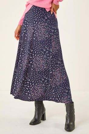 Roman Linear Floral Print Stretch Midi Skirt