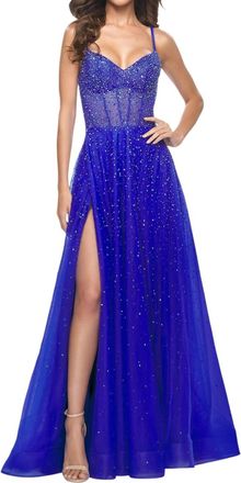 La Femme A-Line Large Rhinestones Prom Dress In Royal Blue