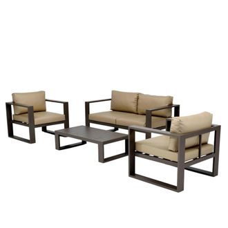 Kerama Set de jardin 4 plazas de aluminio marr&oacute;n y cojines impermeables