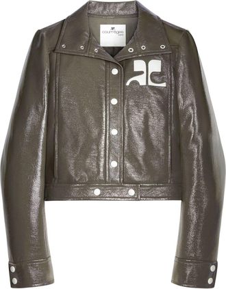 Courr&egrave;ges Reedition Vinyl appliqu&eacute;-logo jacket - women - Cotton/Elastane/Polyurethane - 34 - Grey