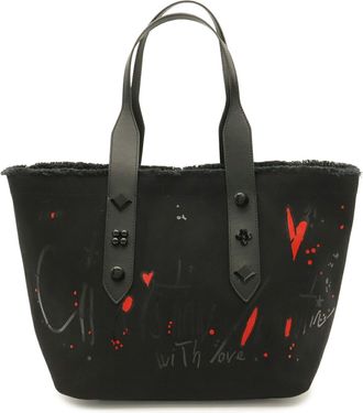 Christian Louboutin Black Red Color Canvas Leather Shoulder Bag Tote Bag (Pre-Owned)