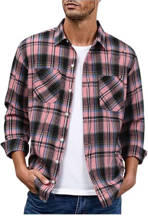 Generic Mens Checked Shirts Casual Regular-Fit Fashionable Versatile Long Sleeve Lightweight Plaid Shirt Comfortable Durable Button-Up Lapel Tops with Chest P