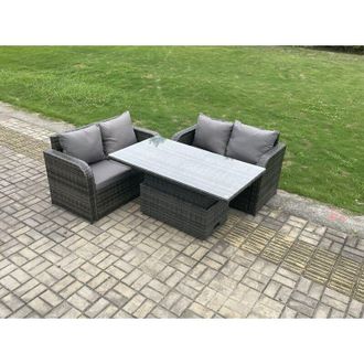 Fimous Outdoor Rattan Furniture Garden Dining Set Height Adjustable Rising lifting Table With Love Sofa Dark Grey Mixed - Fimous
