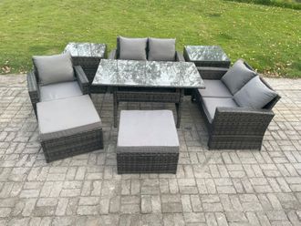 Fimous Outdoor Garden Dining Set Wicker PE Rattan Furniture Sofa with Dining Table Double Seat Sofa 2 Side Tables 2 Big Footstool in Dark Grey
