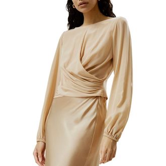 LilySilk Nipped Waist Cr&ecirc;pe de Chine Silk Blouse in Pale Gold at Nordstrom, Size 12