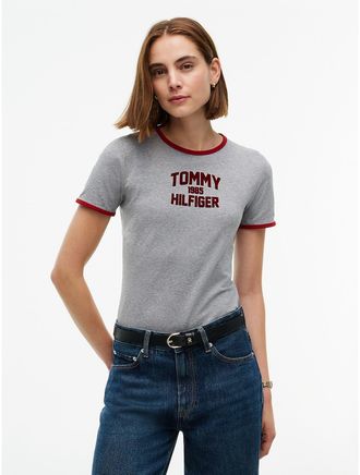 Tommy Hilfiger Womens Slim Fit Varsity Logo Ringer T-Shirt - Medium Grey Heather - XL