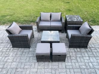Fimous Outdoor Lounge Sofa Set Wicker PE Rattan Garden Furniture Set with Armchair Square Coffee Table Double Seat Sofa Side Table in Dark Grey